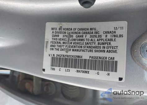 2012 Honda Civic Ex из США, поврежденный, VIN 2HGFB2F82CH539864